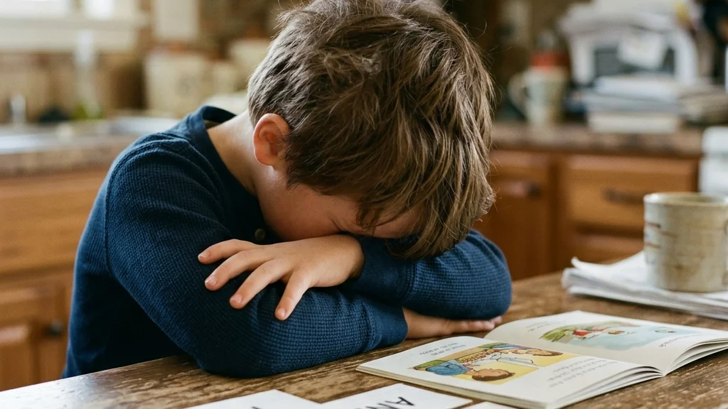Frustrated young boy crying over flashcards at the kitchen table