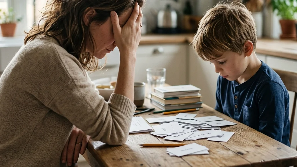 Frustrated mother and son studying sight words