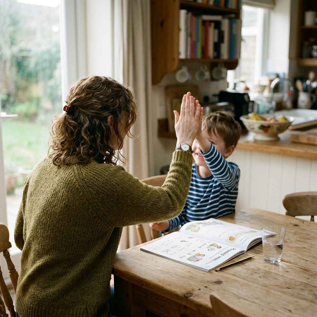Happy mother and son high fiving over phonics workbook